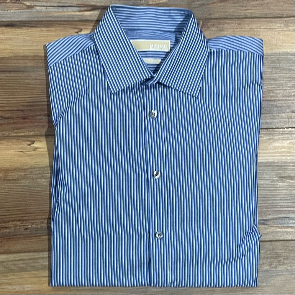 MICHAEL KORS Non-Iron Blue White Striped Button Up Size Large Shirt 16 34/35